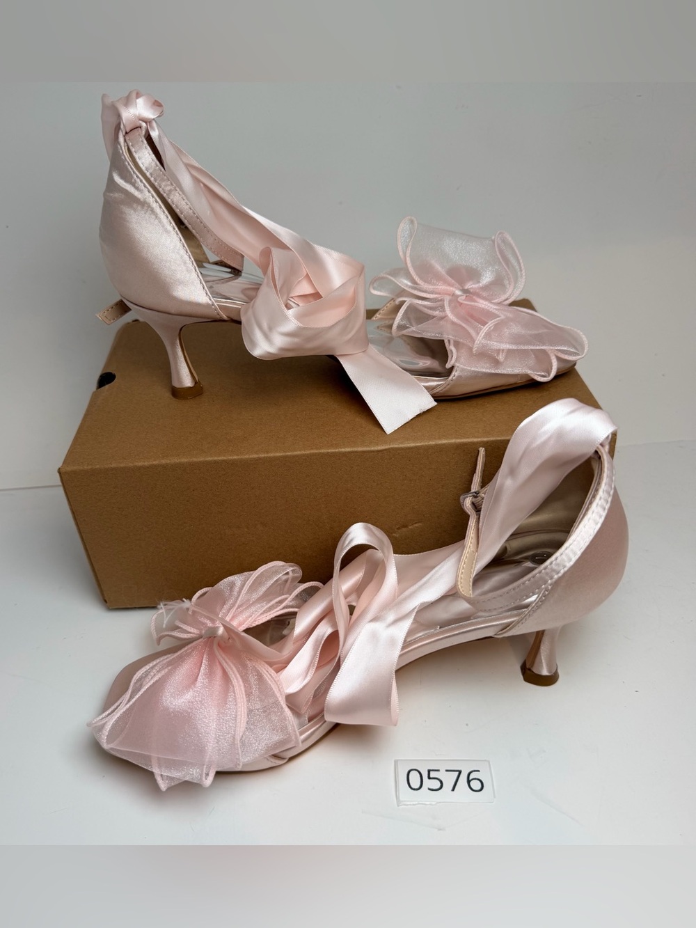 Pink Satin Ankle-Tie Heels with Organza Flower